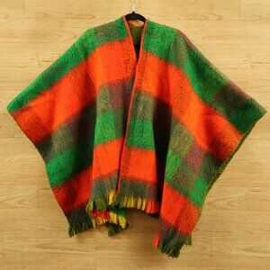 Blanket Poncho L-XXL Cape Fringe Reversible Plaid Stripe Open Front Cardigan
